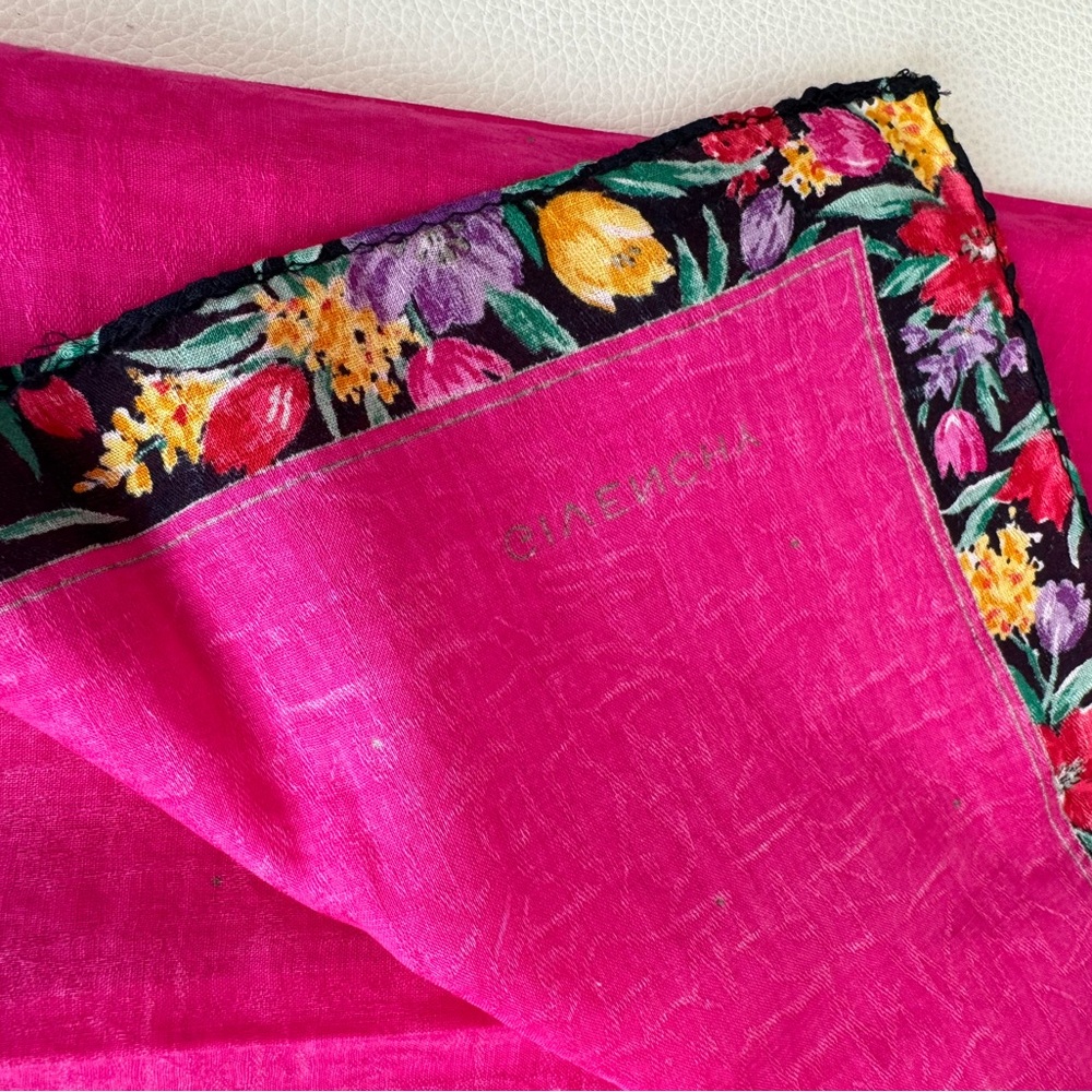 Vintage Givenchy Fuchsia Silk Monogram Handkerchief Scarf